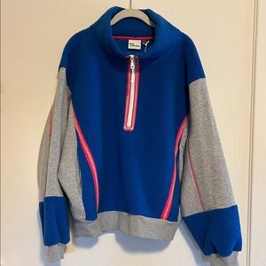 Anthropology /daily practice Blue and Gray Zip-Up Sweater with Pink Accents
